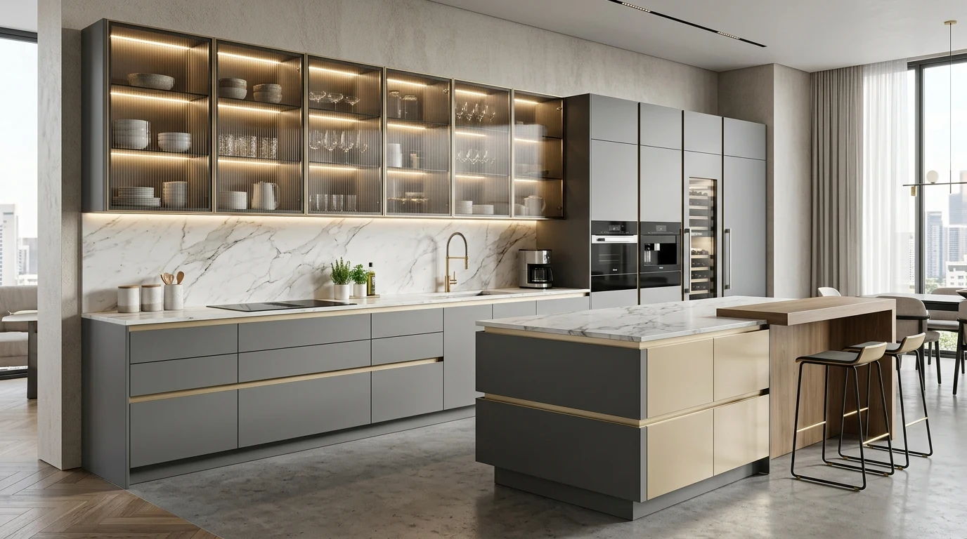 Modern Aluminium Modular Kitchen Profiles: G-Profile, J-Profile, Edge Banding & Glass Shutter Design Guide
